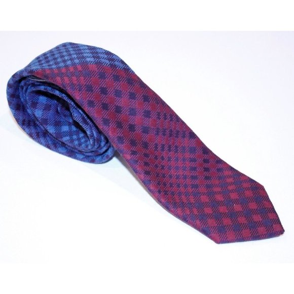 DUCHAMP LONDON Burgundy Blue CHECKS Woven SUIT TIE $150 - Picture 1 of 2